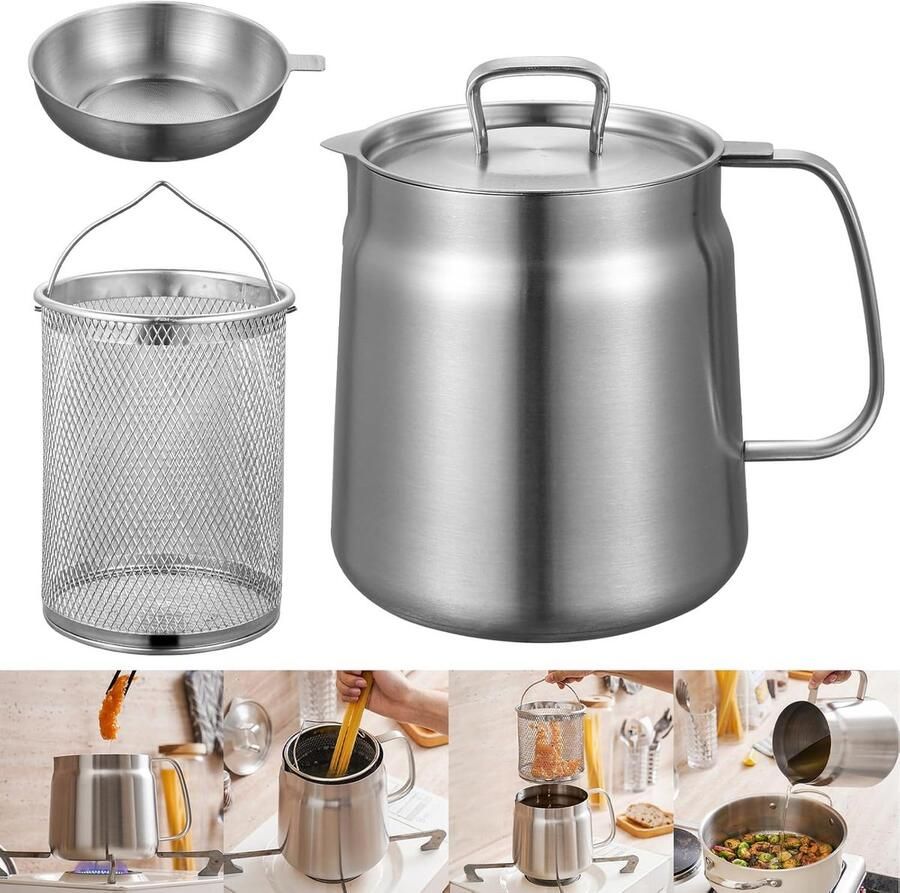 Filterkan Frituurpan 2 liter Friteuse Frituurpan met Korf Roestvrij staal Zilver