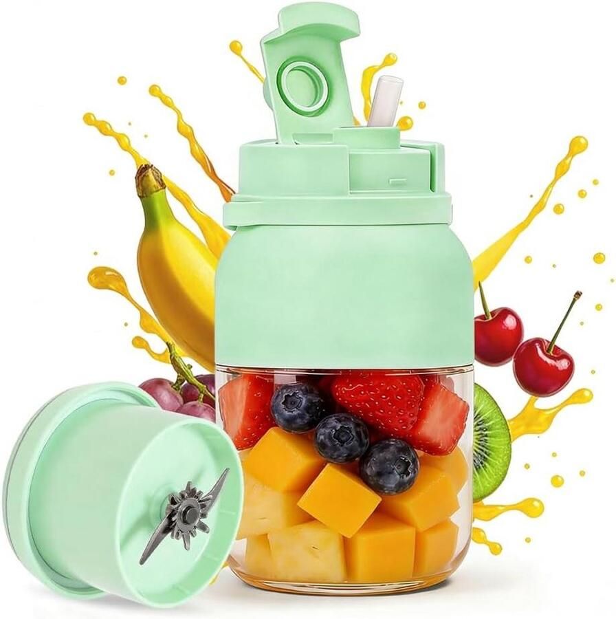 Flessenmixer Draagbaar Smoothie Maker To Go Verse Sappen Maken 38 RVS Messen 1200 ml Groen