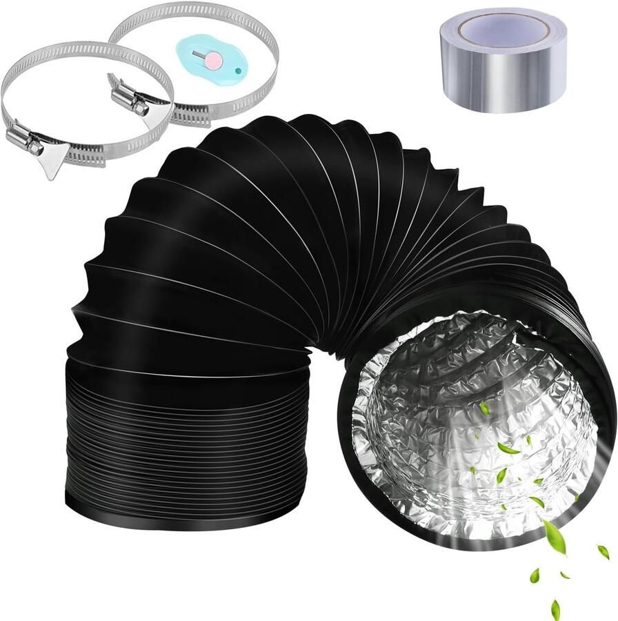 Flexibele Afzuigslang 125mm x 2m Zwart Inclusief Slangklemmen en Aluminium Tape Voor Afzuigkap en Droger