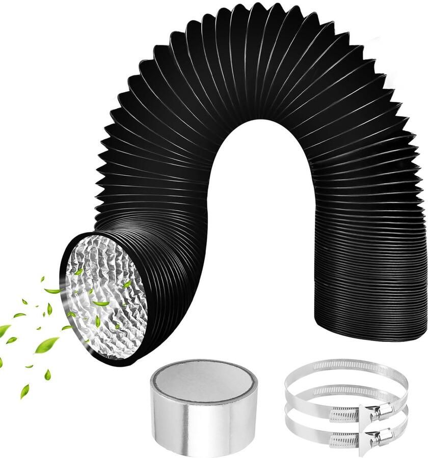 Flexibele Aluminium Pijpslang Aluminium Aluflex Slang met 2 RVS Slangklemmen en Aluminiumfolie Tape voor Airconditioners Wasdroger Afzuigkap (Zwart)