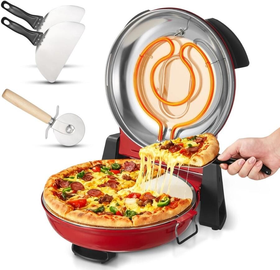 Flolife 12 Inch Elektrische Pizzaoven – Elektrische Pizzamaker met Cordierietsteen – 5 Temperatuurmodi – Geschikt voor Thuis & Professioneel Gebruik