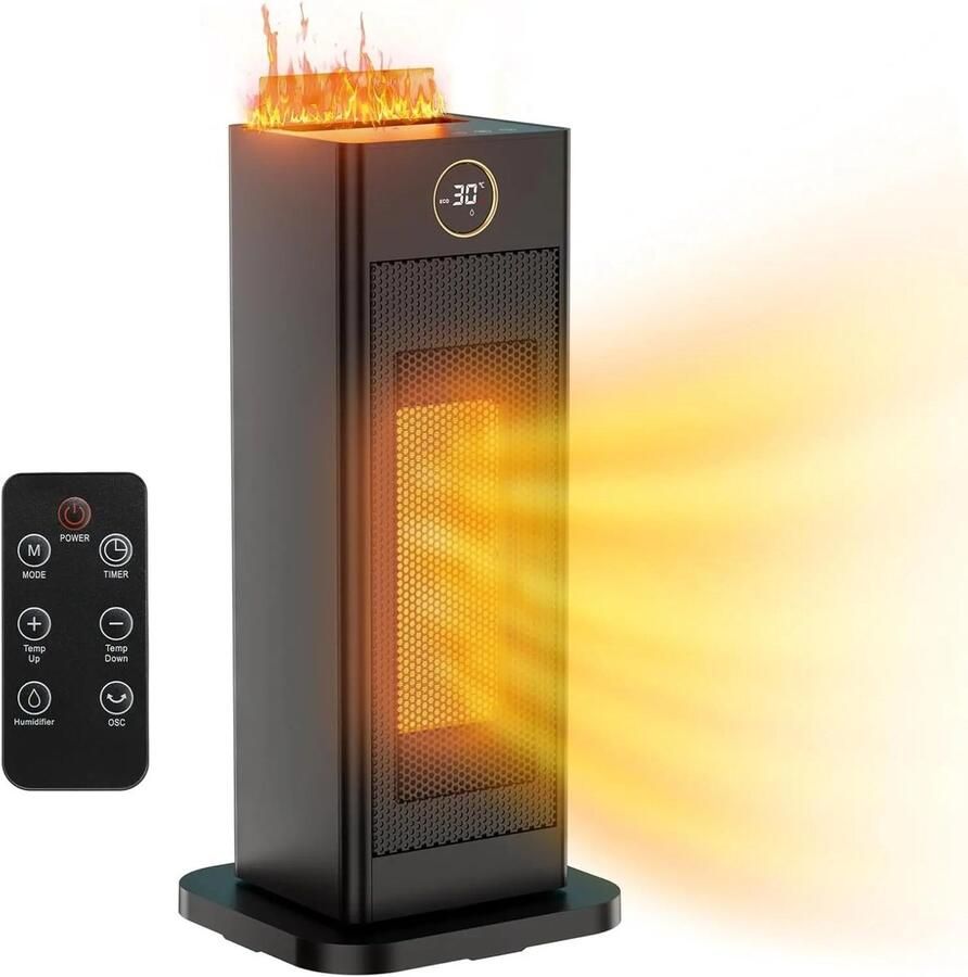 Flolife 2000W Keramische Ventilatorkachel met Luchtbevochtiger – LED Vlamlicht Stil Snel Opwarmen (2s) 4 Standen Energiebesparend