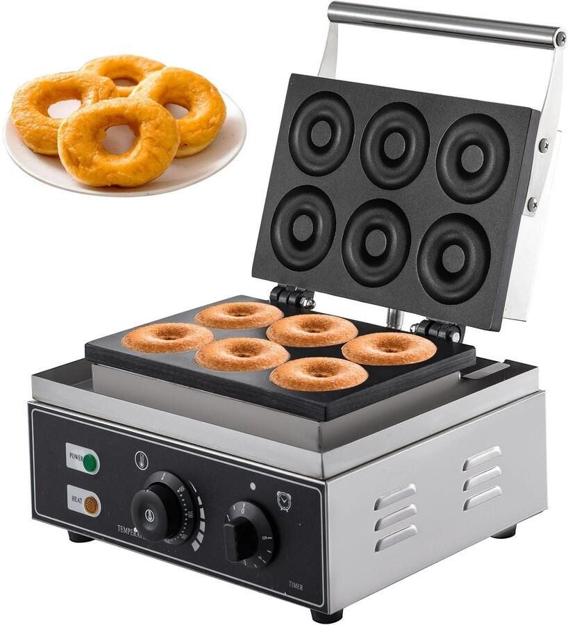 Flolife Elektrische Donutmaker 6-Gaats Professioneel RVS – Non-Stick Donut Bakmachine voor Zoete Donuts Wafels Koekjes en Horecakeuken