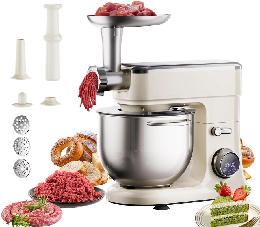 Flolife Keukenmachine 7 Liter 1200W – Standmixer met DC Motor Deeghaak Ballongarde Klopper en Vleesmolen Accessoire