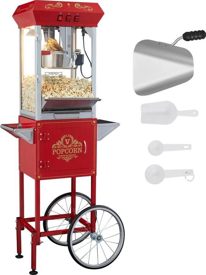 Flolife Popcornmachine met Kar – 8oz Waterkoker – 48 Kopjes per Batch – Popcornmaker met Gehard Glas – Incl. 4 Scoops Rood