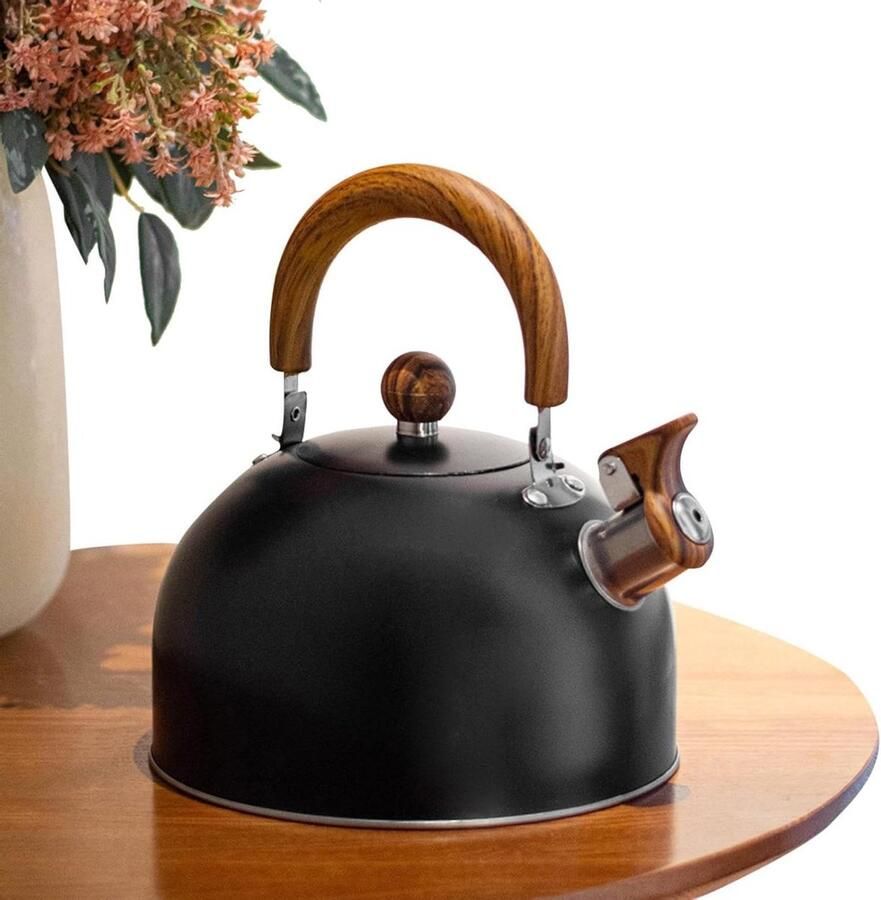 Fluitende theeketel Waterkoker fornuis Thee zetten Houtnerf anti-brandwonden handvat 3 Liter Zwart