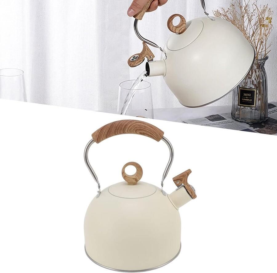 Fluitende Theeketel Waterkoker RVS Water Koken Luid Fluitje 25 Liter Beige