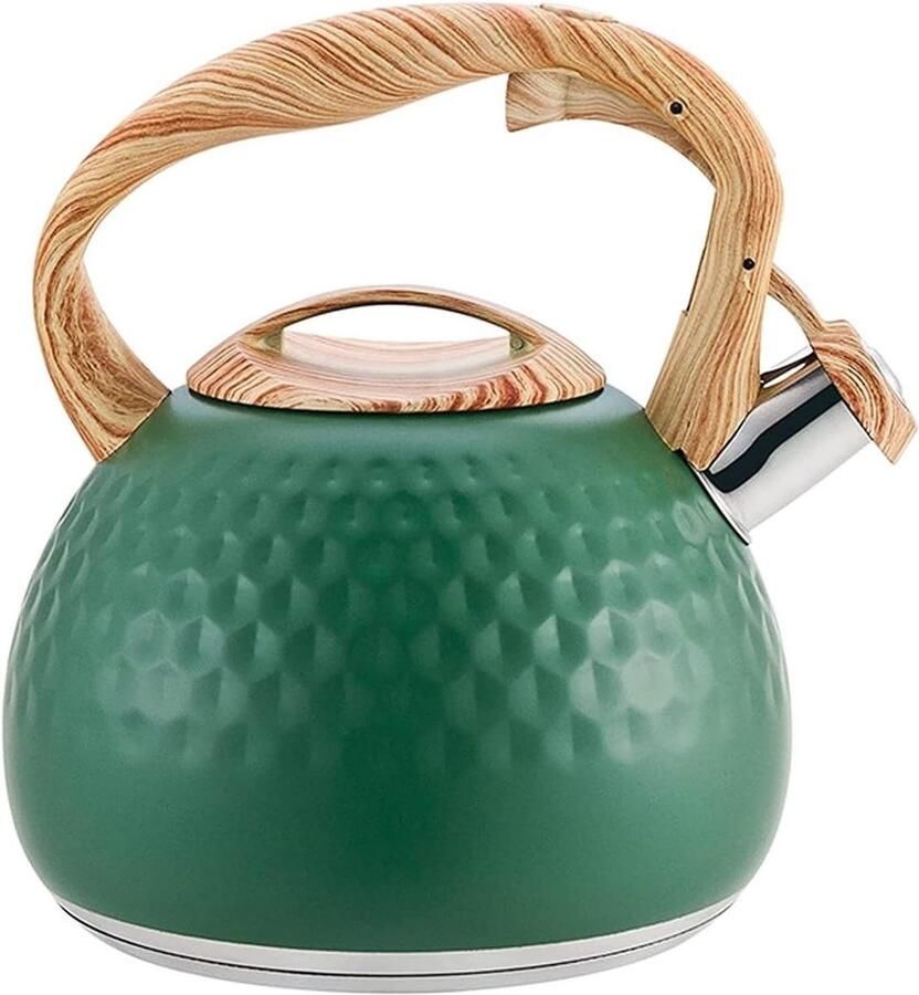 Fluitketel 3L RVS Waterketel Theepot Water Koken Met Houtnerf Handvat 3 Liter Groen