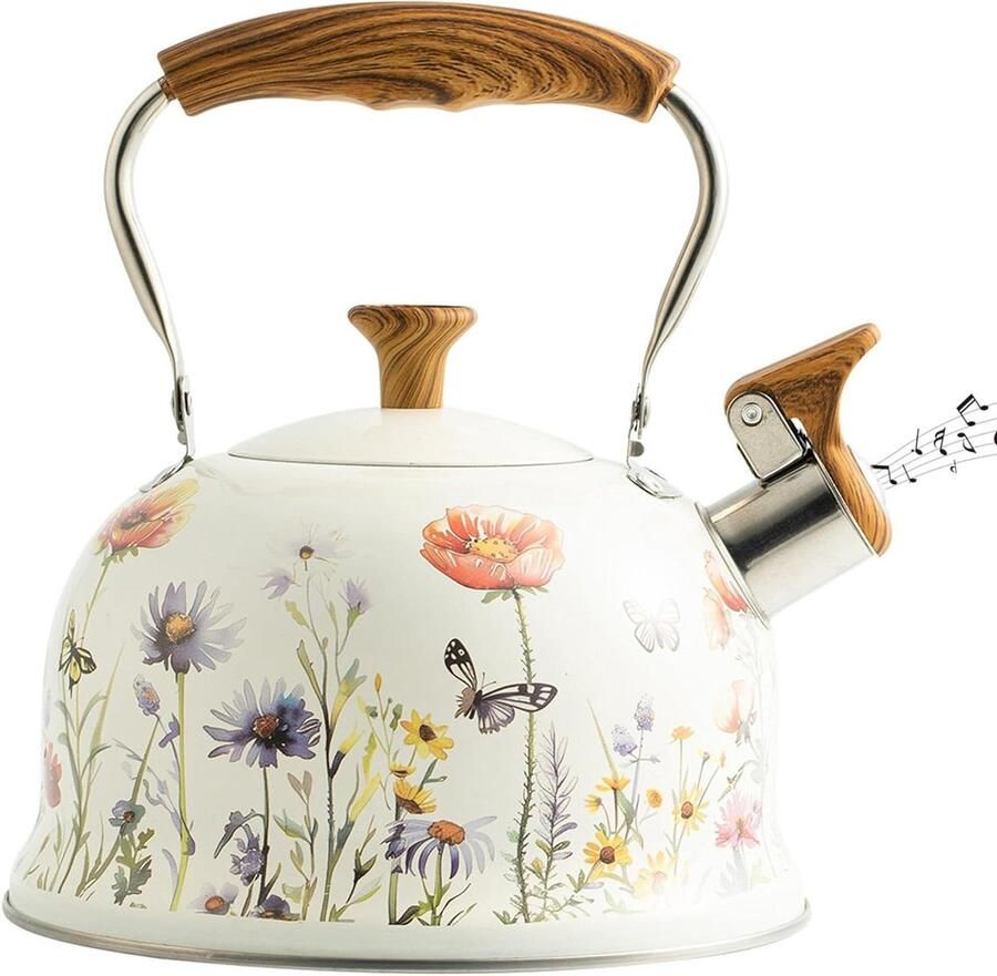 Fluitketel 3L Waterkoker Theepot Water Koken Bloemen Design 3 Liter Beige