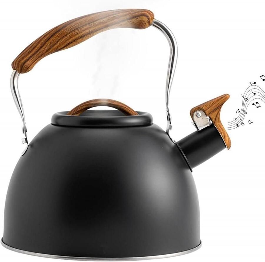 Fluitketel Waterkoker Water Koken Houtnerf Handvat 3 Liter Zwart