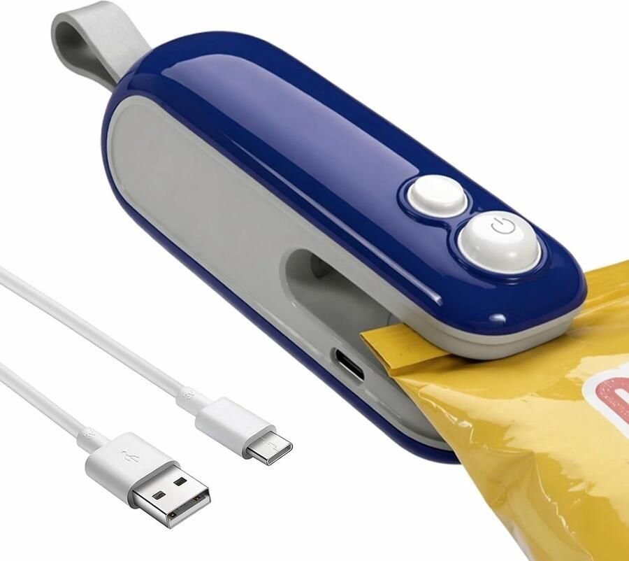 Folielasapparaat met cutter 2-in-1 draagbare oplaadbare zak-sealer met magnetische voet handbediend hittesealapparaat voor plastic zakken en chips keukengadget voor voedselopslag-blauw