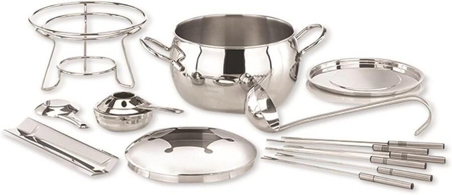 Fondue- en Vuurzangenbowl-set 13-delige set van Hoogwaardig Roestvrij Staal Inclusief Fonduepan en Vuurtang
