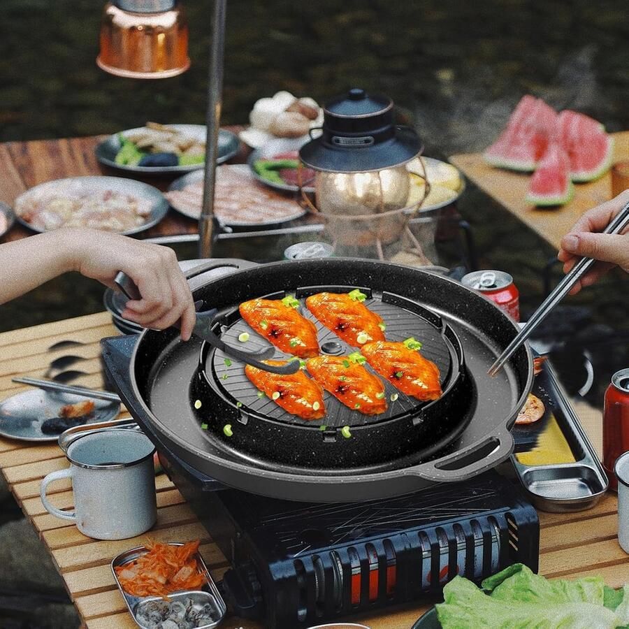 Fondue Grillpan Dubbelzijdig Kookgerei Gezellig Tafelen Aluminium Constructie 33.5 x 22 cm Zwart