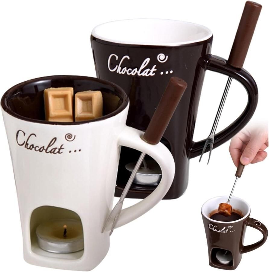 Fondue Mok Set Chocolade Dip Gezellig Tafelen Hittebestendig Keramiek 2 Mokken 2 Vorken Rood