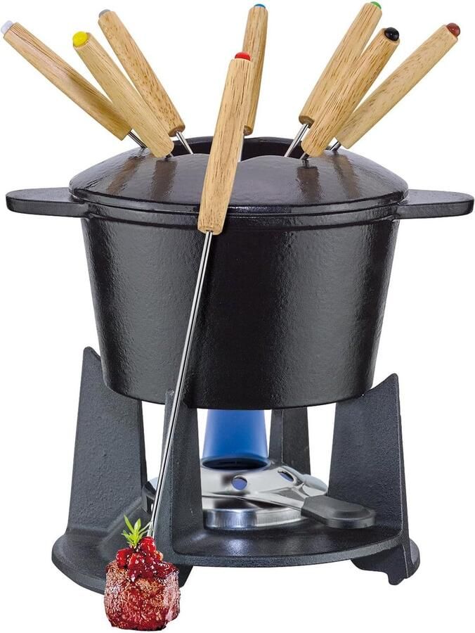 Fondue Set Gietijzeren Pan Gezellig Tafelen Inductie Geschikt 8 Vorken Zwart