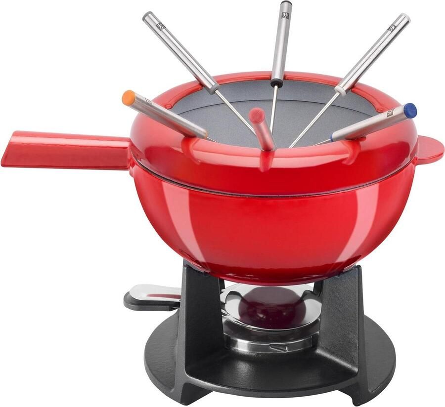 Fondue Set Kaasfondue Chocofondue Gezellig Tafelen Gietijzer Pan 4.6 Kilogram Cherry Rood
