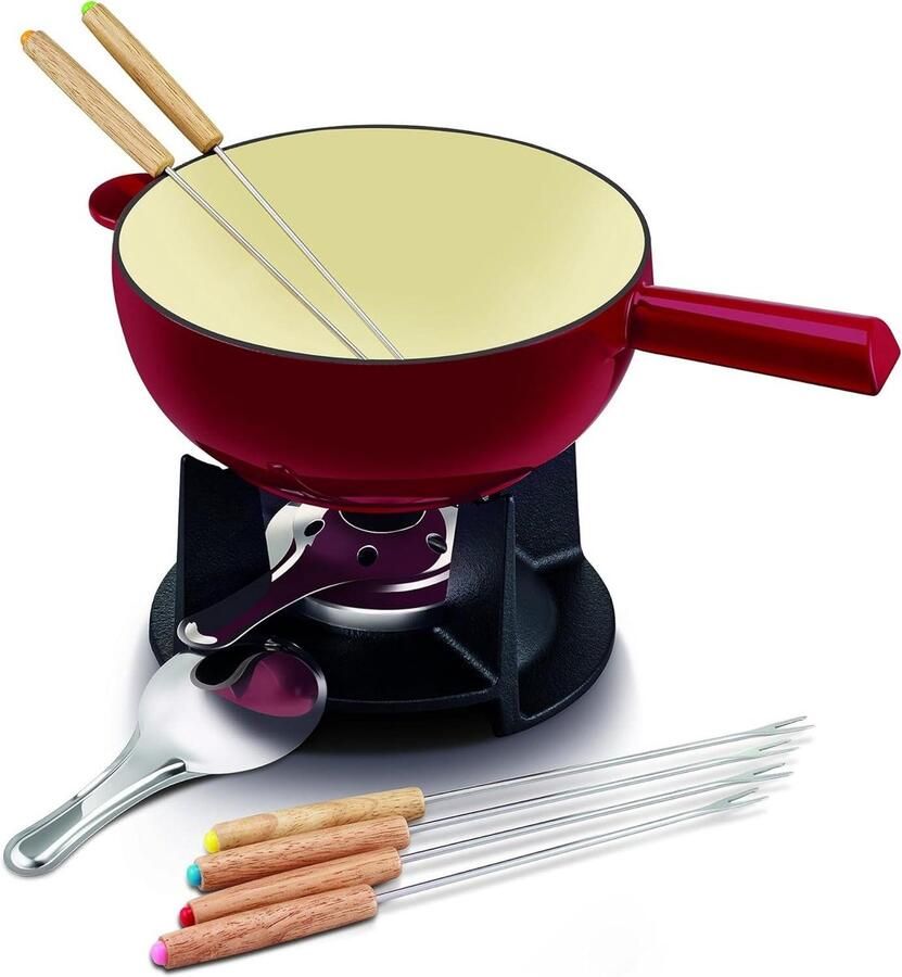 Fondue Set Kaasfondue Chocola Gezellig Tafelen Gietijzer Enamel 6 Personen 1.8L Rood