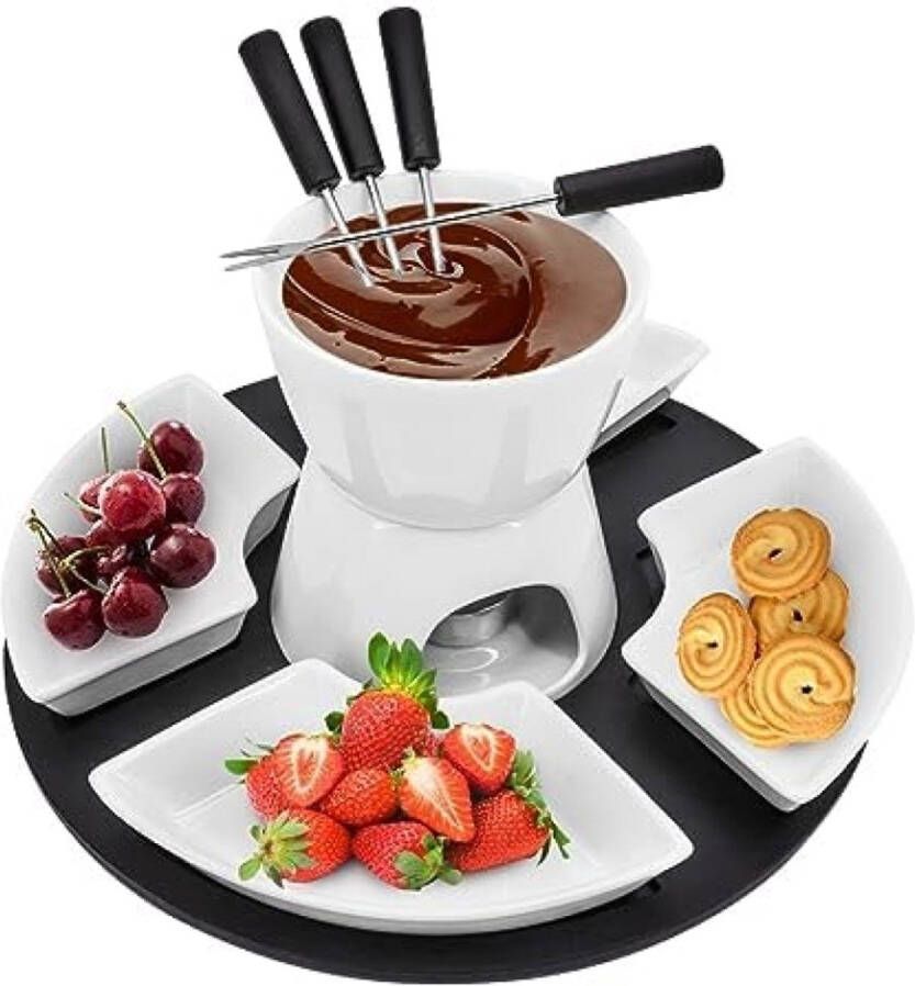 Fondue set Keramische Chocolade en Kaas Fondue Set met 4 Vorken en 4 Kommetjes Theelicht Verwarmde Niet-Elektrische Fonduepan voor Desserts en Dips Wit