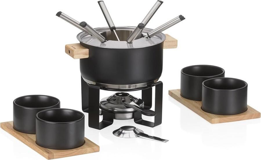 Fondue Set RVS met Houten Onderstel en Spatdeksel