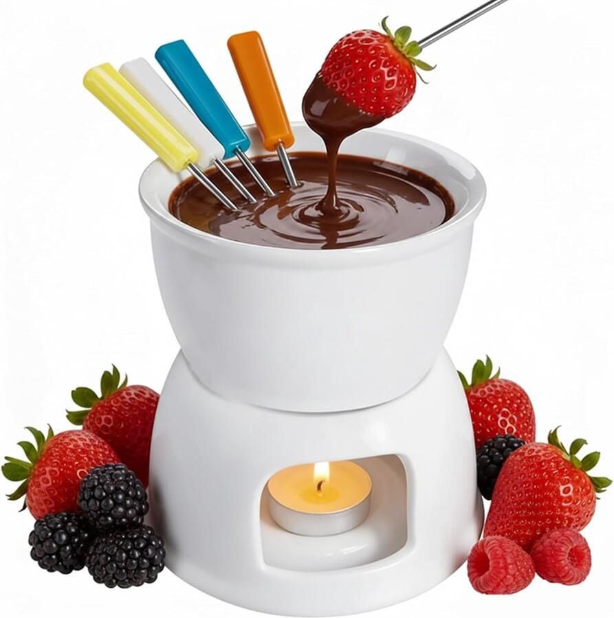 Fondue Set Wit 11 5 x 12 cm Keramische Chocoladefondueset met Vorken Voor Feesten en Diner
