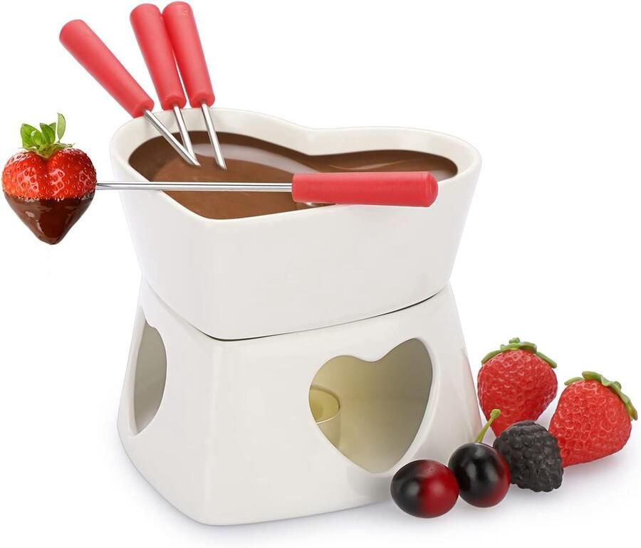Fondue Set Wit 320 ml Keramische Chocoladefondue met 4 Vorken Voor Kaas en Chocolade