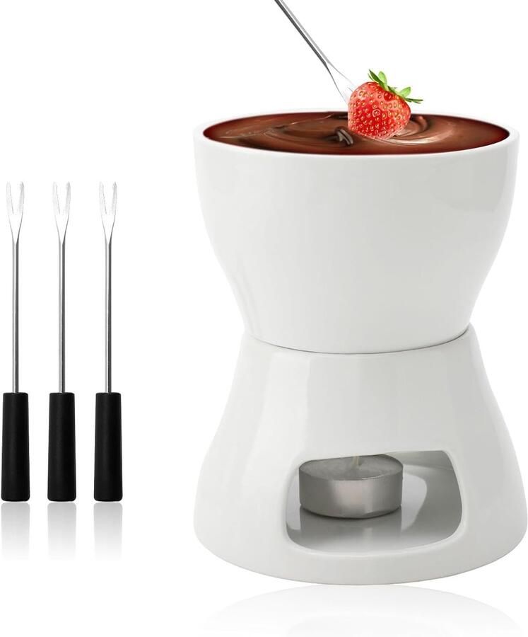 Fondue Set Wit Keramische Chocoladefondue met Vorken en Theelichthouder Voor Gezellige Avonden
