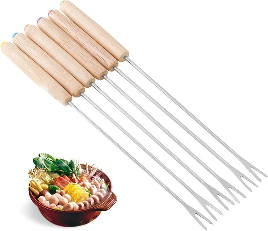 Fondue Vorken Kaasfondue Stokjes Dippen van Eten Hittebestendig Hout 24 cm Lengte Zilver met Hout