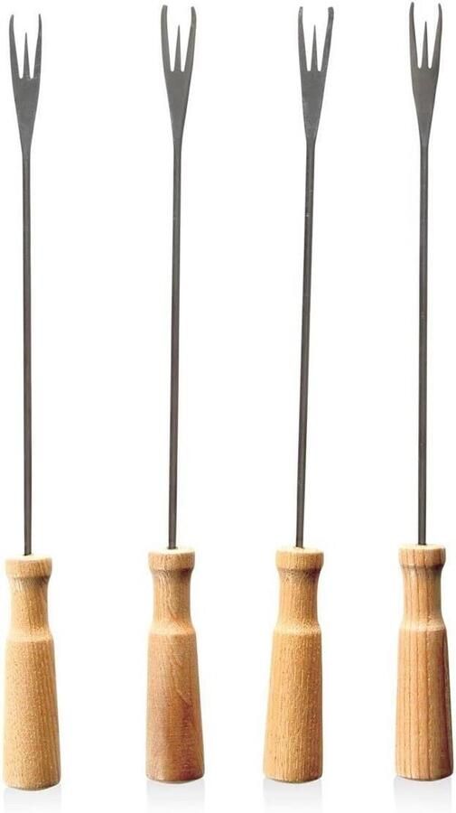 Fondue Vorken Set van 4 Gezellig Tafelen Extra Grip Drie Tanden 26.5 cm Zilver Bruin