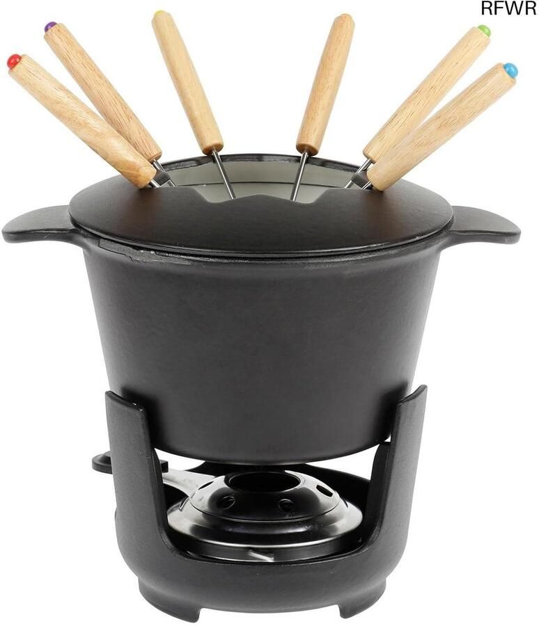 Sitram 713351 Fondue set 10-piece enamelled cast iron Ø 16 cm incl. 6 forks 1 pan 1 lid 1 cast iron holder and 1 burner