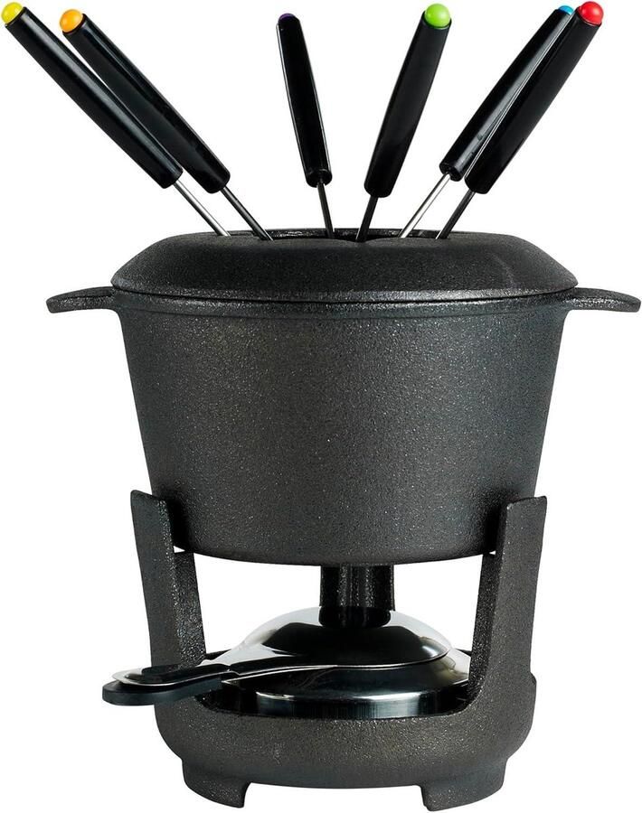 Fondueset 10-delig Gietijzeren pan Gezellig tafelen Inclusief 6 vorken Diameter 15 cm Zwart