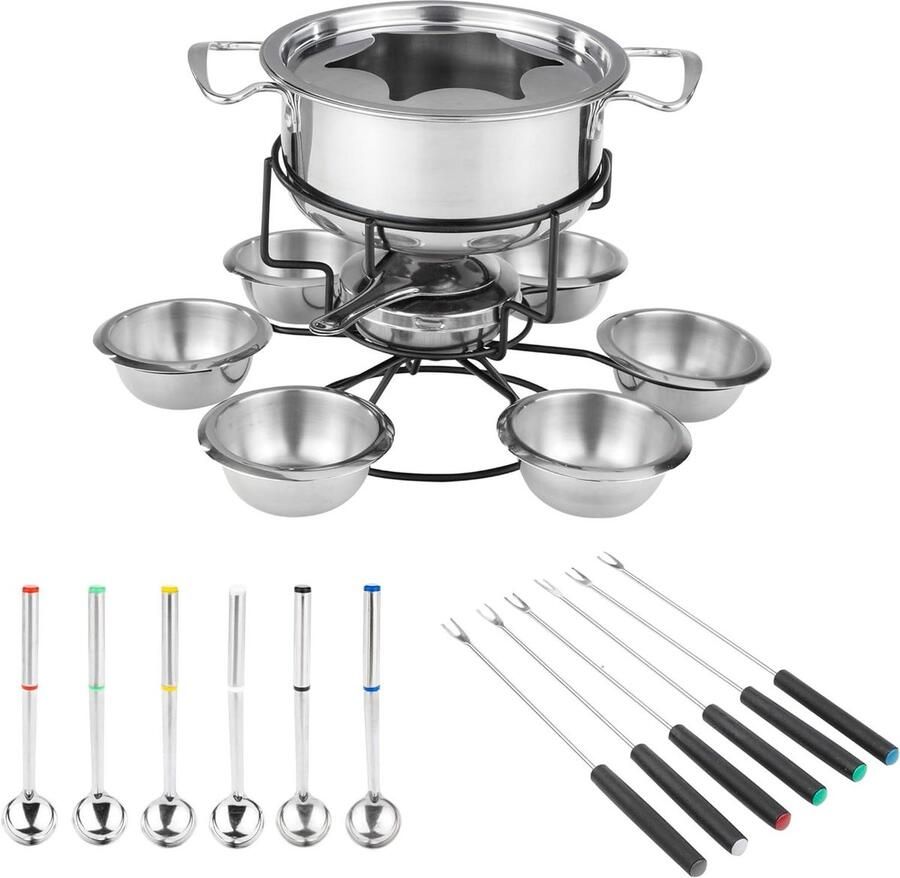 Fondueset 6 personen Roestvrij staal Gezellig tafelen Inclusief bestek Ø 36 cm Zilverkleurig