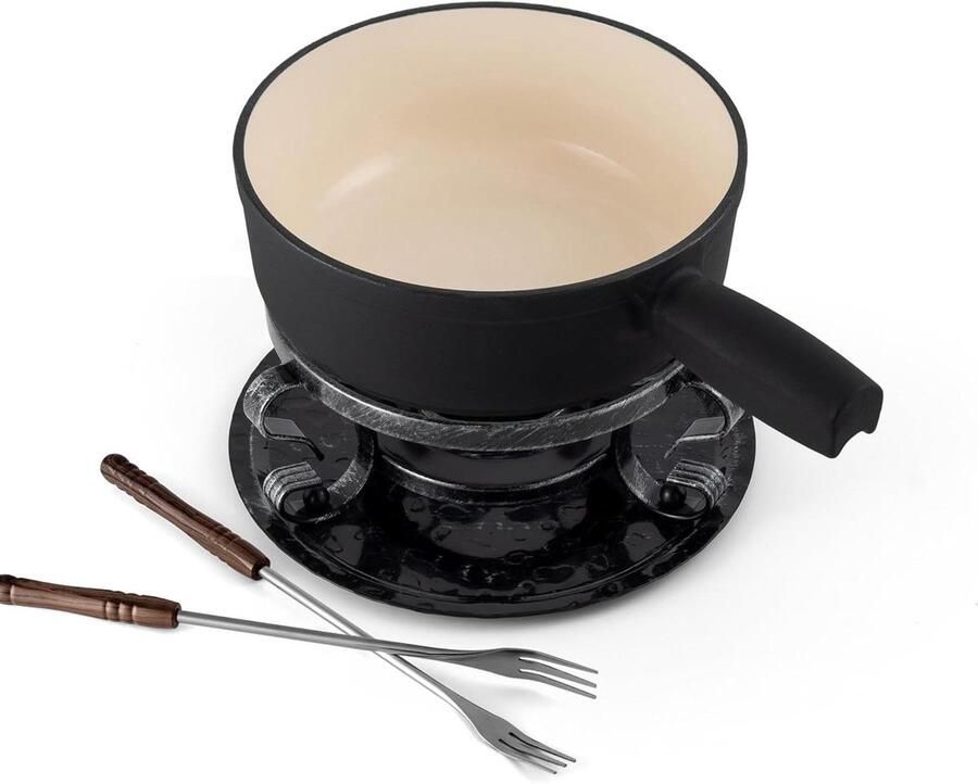 Fondueset 9-delig Kaasfondue set Gezellig tafelen Gietijzeren pan 2 Liter Matzwart