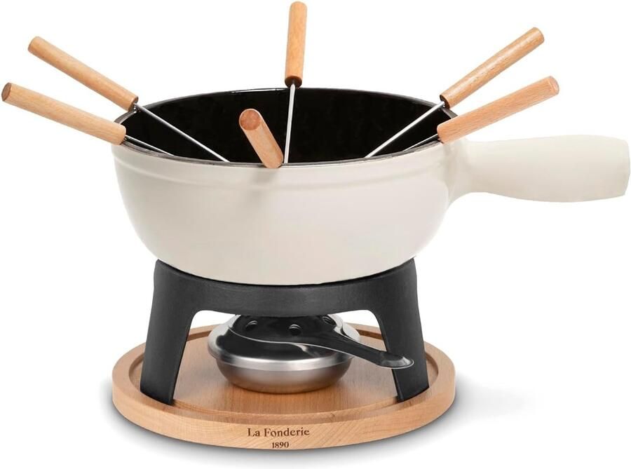 Fondueset Beige Voor 6 Personen Gietijzer met Houten Handgrepen Voor Kaas en Chocolade
