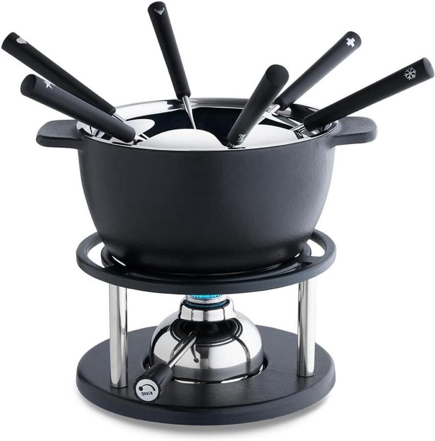 Fondueset Gietijzer Kaas Vlees Fondue Gezellig Tafelen Inclusief Gasbrander 6 Personen Zwart