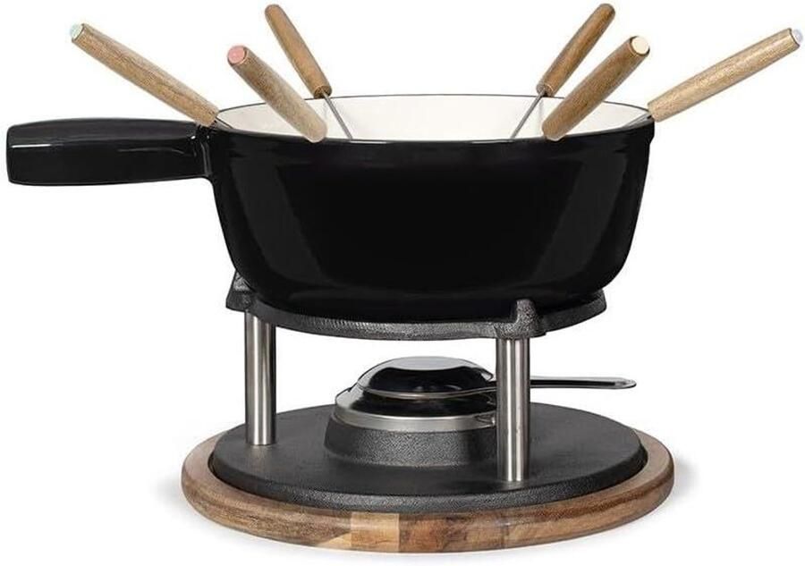 Fondueset met vorken Kaasfondue set Gezellig tafelen Geëmailleerd gietijzer 26 liter inhoud Zwart