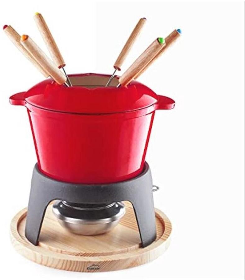 Fondueset van geëmailleerd ijzer met houten sokkel en inductiegeschiktheid 1 7 liter 6 roestvrijstalen vorken