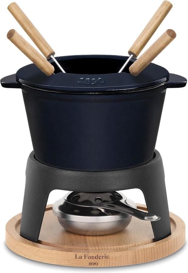 Fondueset van gietijzer voor 4 personen voor kaas en chocoladefondues spatdeksel 4 vorken met beukenhouten mouwen inhoud 1 2 l