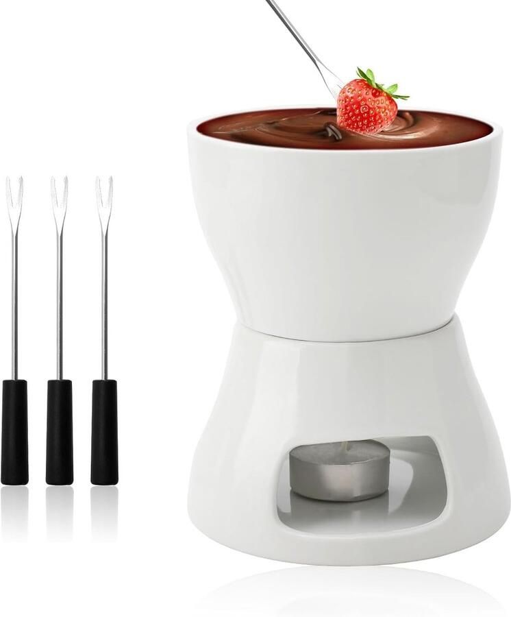 Fondueset Wit Keramisch met Theelichthouder Voor Chocolade en Kaas