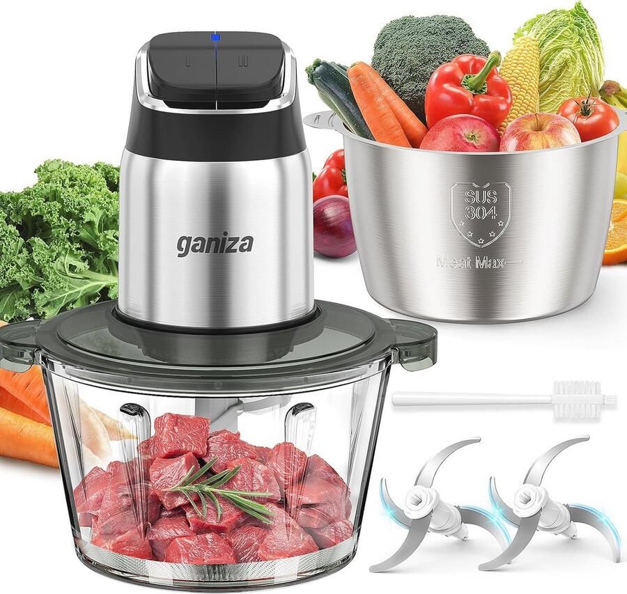 Foodprocessor en vleesmaler met glazen en roestvrijstalen kommen 450W motor en oververhittingsbeveiliging