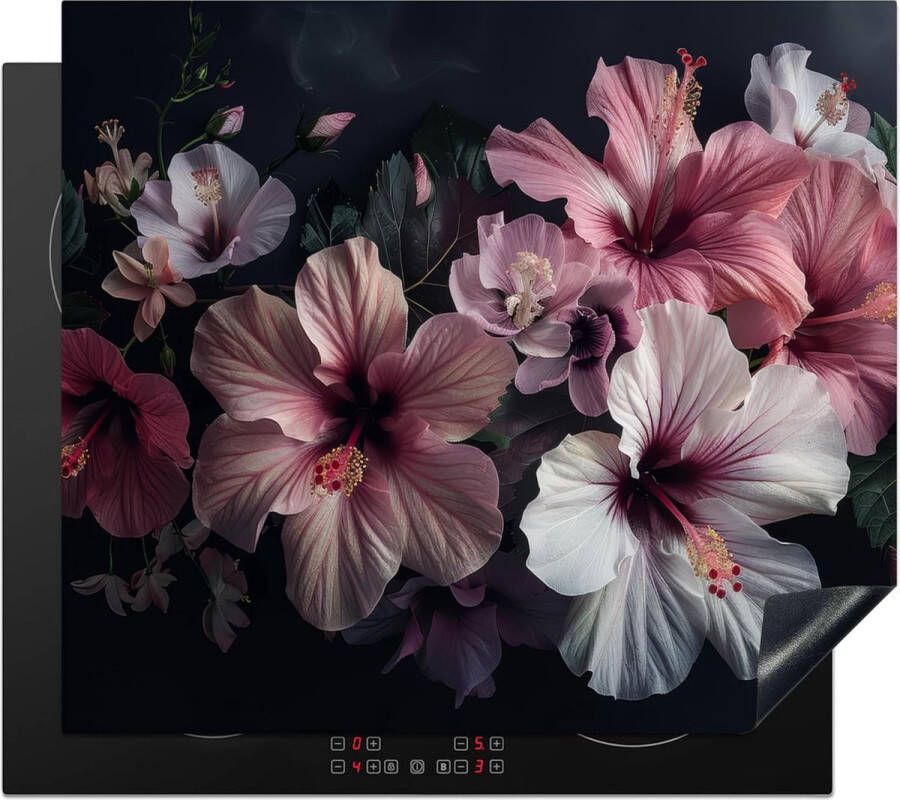 Fornuis afdekplaat eendelige afdekplaten keramische kookplaat afdekking inductiemat hibiscus bloemen roze blad stijlleven natuur 60 x 52 cm