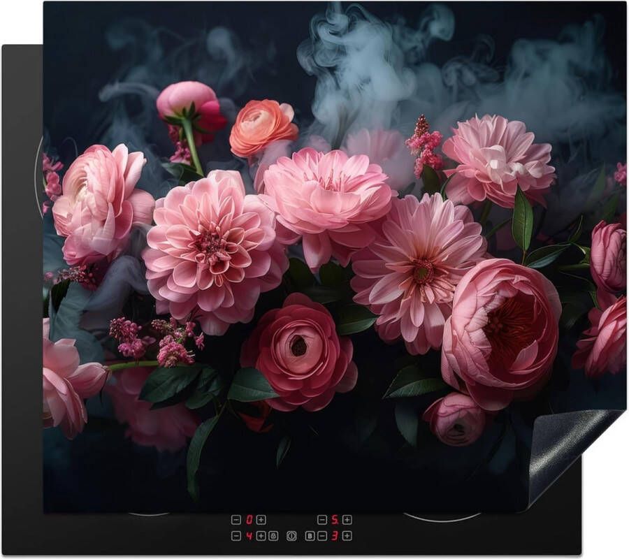 Fornuis afdekplaat inductie beschermmat keuken fornuisafdekking keramische kookplaat afdekking vinyl mat oprolbaar bloemen roze rozen botanisch natuur 60 x 52 cm