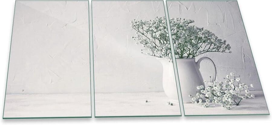 Fornuis Afdekplaat Werkblad Beschermer Keuken Werkruimte 3-delig Veiligheidsglas 90 x 52 cm Wit Bloemen