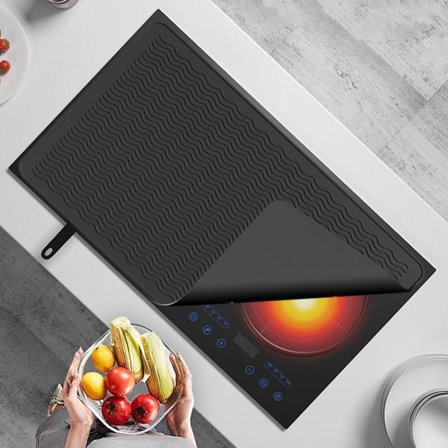 Fornuis Afdekplaat Kookplaat Mat Werkblad Beschermen Hittebestendig Siliconen 71 x 51 cm Zwart