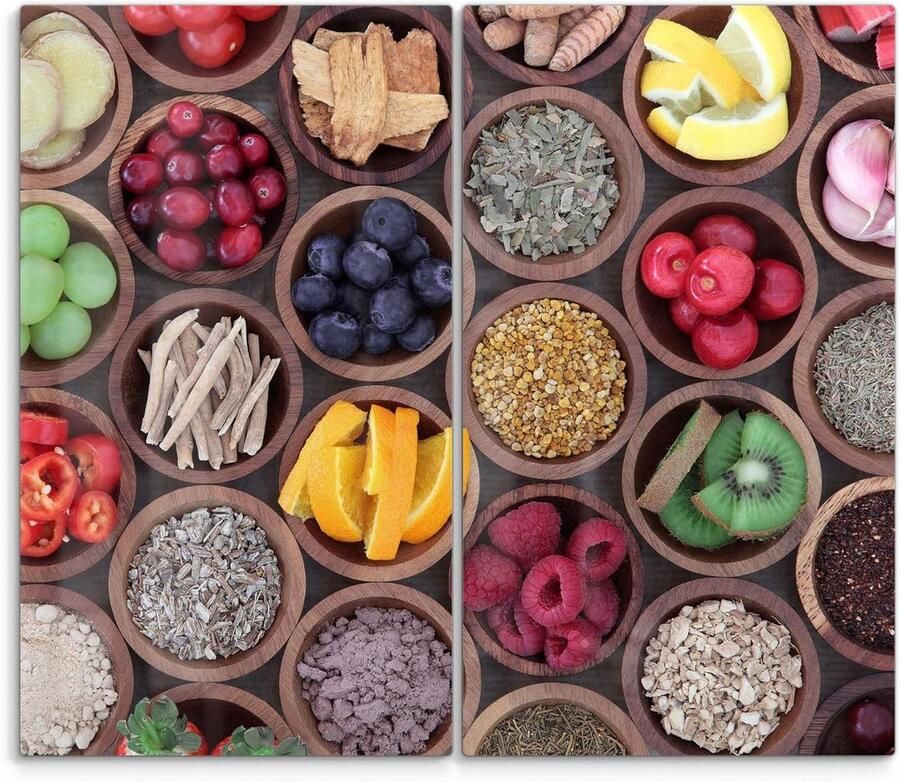 Fornuis afdekplaten Glasplaten kookplaat Keukenbescherming en snijden 3D diepte effect Set van 2 60x52cm Superfood-ensemble