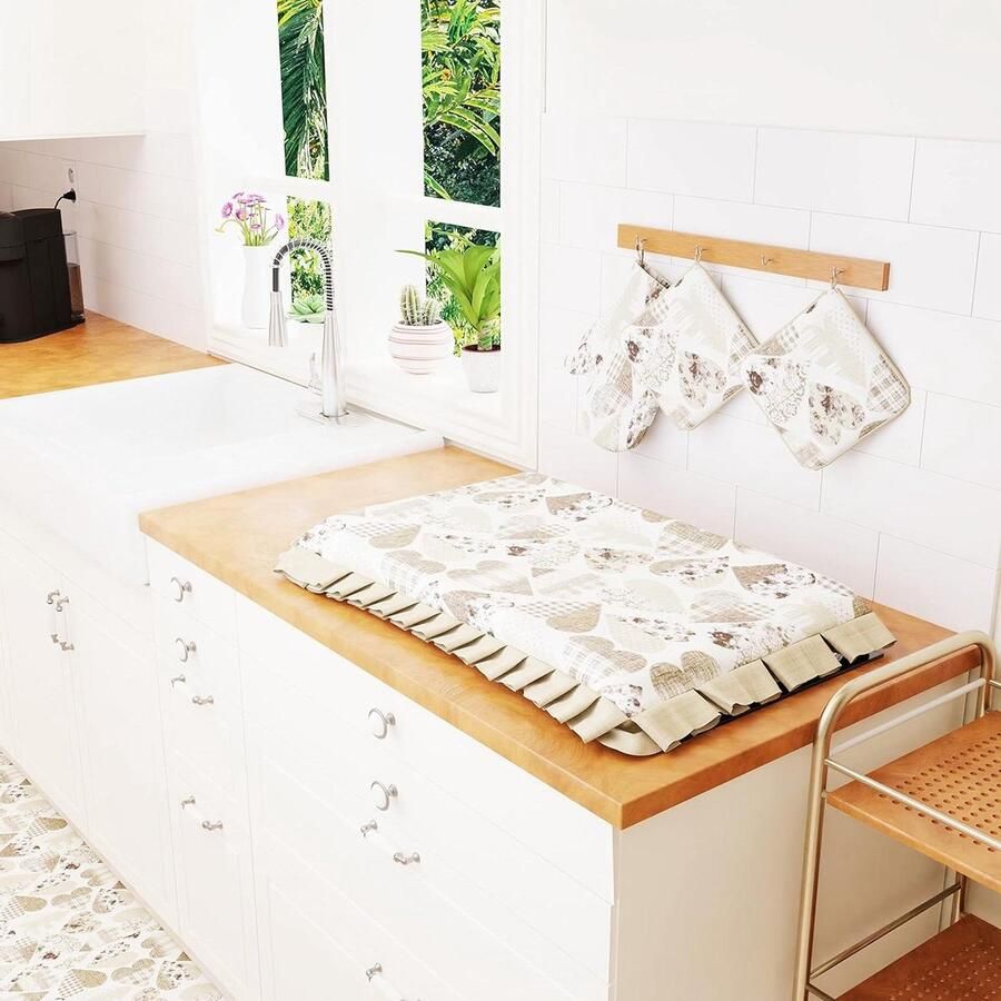 Fornuisafdekking Katoen Kookplaat Decoratie Keuken Aankleden 100% Gemaakt in Italië 48 x 73 cm Hartjes Beige