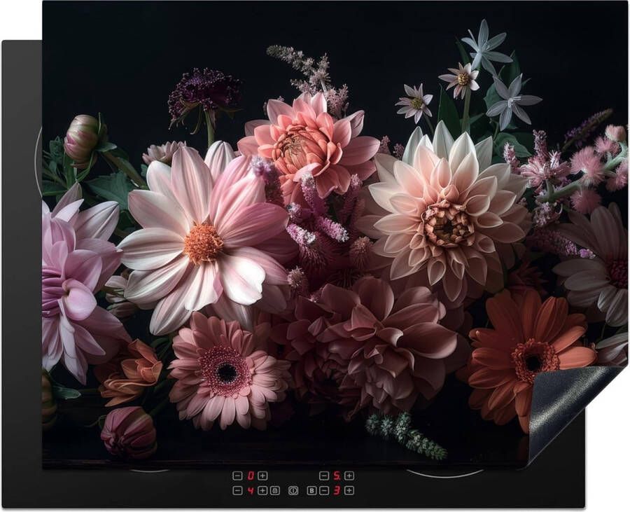 Fornuisafdekplaat eendelig afdekplaat voor keramische kookplaat afdekking inductiekookplaat oprolbare mat bloemen natuur roze zwart Dahlia 65 x 52 cm