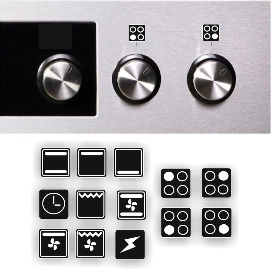 Fornuisstickers Oven symbolen Markering fornuis Waterdicht vinyl 15 mm Wit op zwart