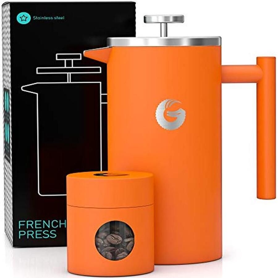 French Press Koffiezetapparaat Dubbelwandig Geïsoleerd 1 Liter Inhoud Roestvrij Staal Oranje