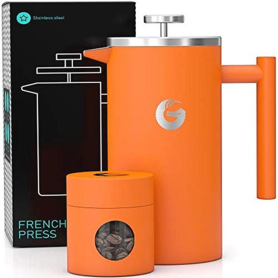 French Press Koffiezetapparaat Dubbelwandig Geïsoleerd 1 Liter Inhoud Roestvrij Staal Oranje