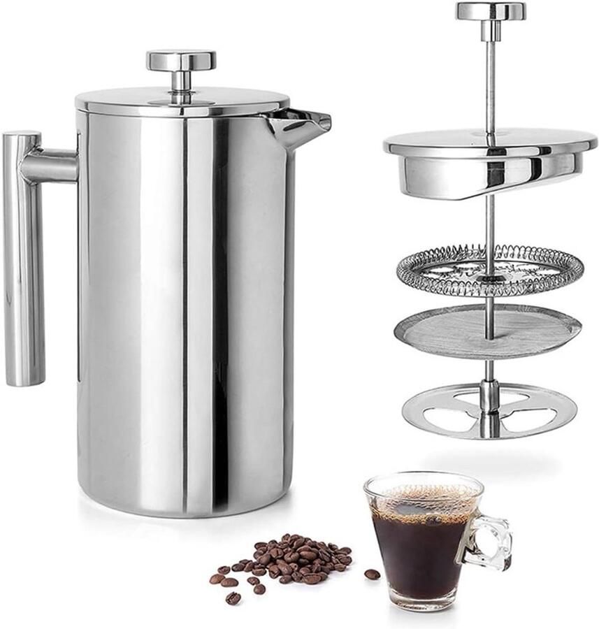 French Press Koffiezetapparaat Zilveren Dubbelwandige Koffiepers Met 3 Filterschermen Roestvrijstalen French Press Precisiefiltratie Voor Koffie & Thee Voor Thuis Op Reis(1000ml 34oz)